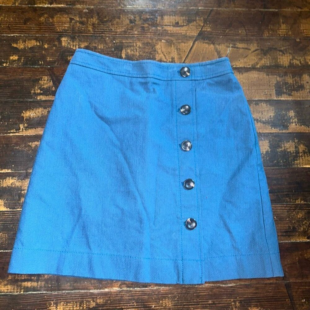 Ann Taylor blue asymmetrical button up academia pencil skirt